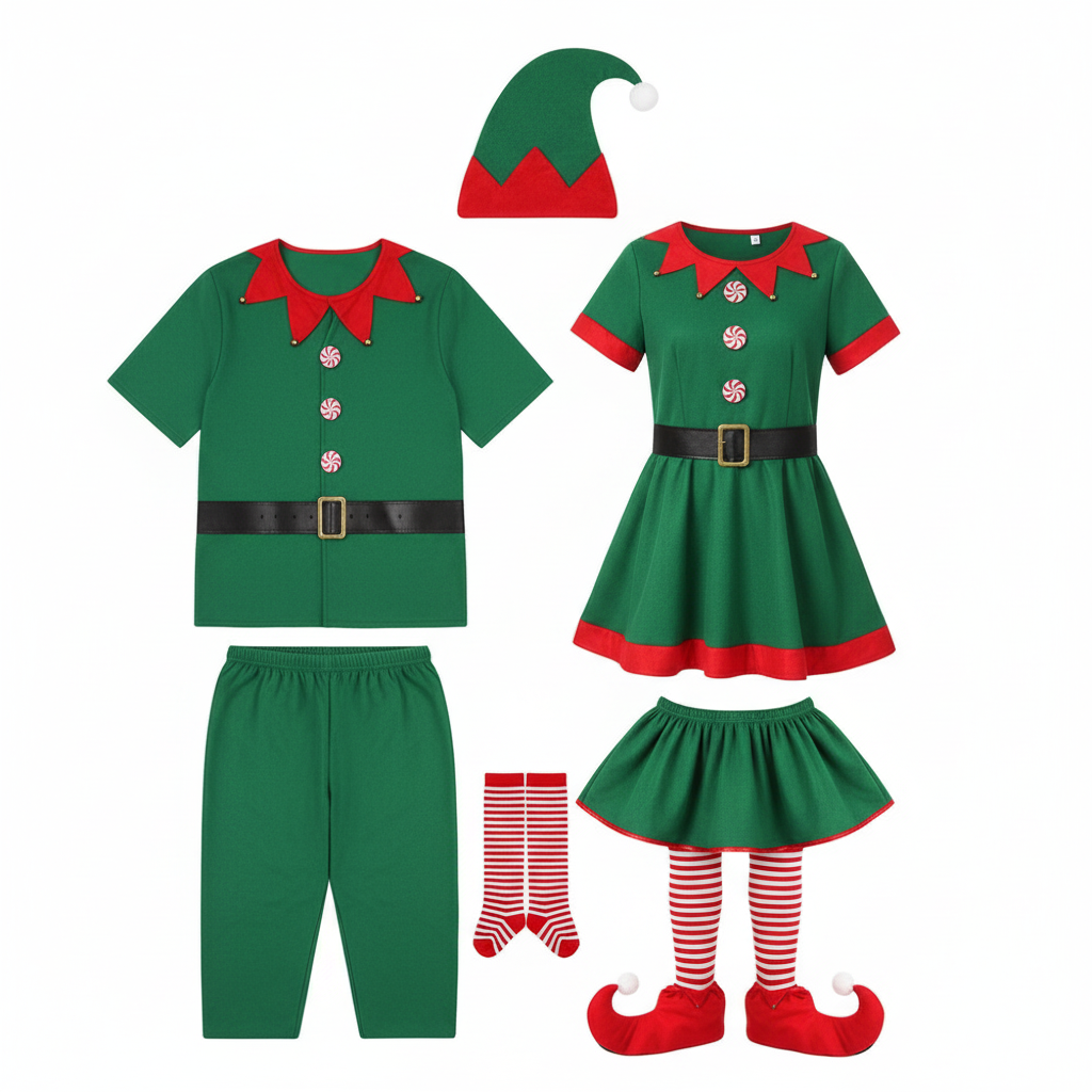 Adult and Boys Christmas Green Elf Cosplay Costume Xmas Party New Year Santa Claus Hat Belt Socks Shoe Cover Dress Clothes Set