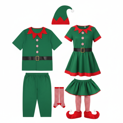 Adult and Boys Christmas Green Elf Cosplay Costume Xmas Party New Year Santa Claus Hat Belt Socks Shoe Cover Dress Clothes Set