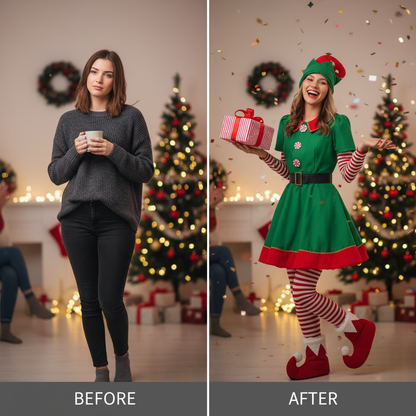 Adult and Boys Christmas Green Elf Cosplay Costume Xmas Party New Year Santa Claus Hat Belt Socks Shoe Cover Dress Clothes Set