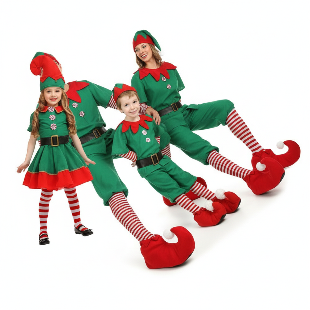 Adult and Boys Christmas Green Elf Cosplay Costume Xmas Party New Year Santa Claus Hat Belt Socks Shoe Cover Dress Clothes Set