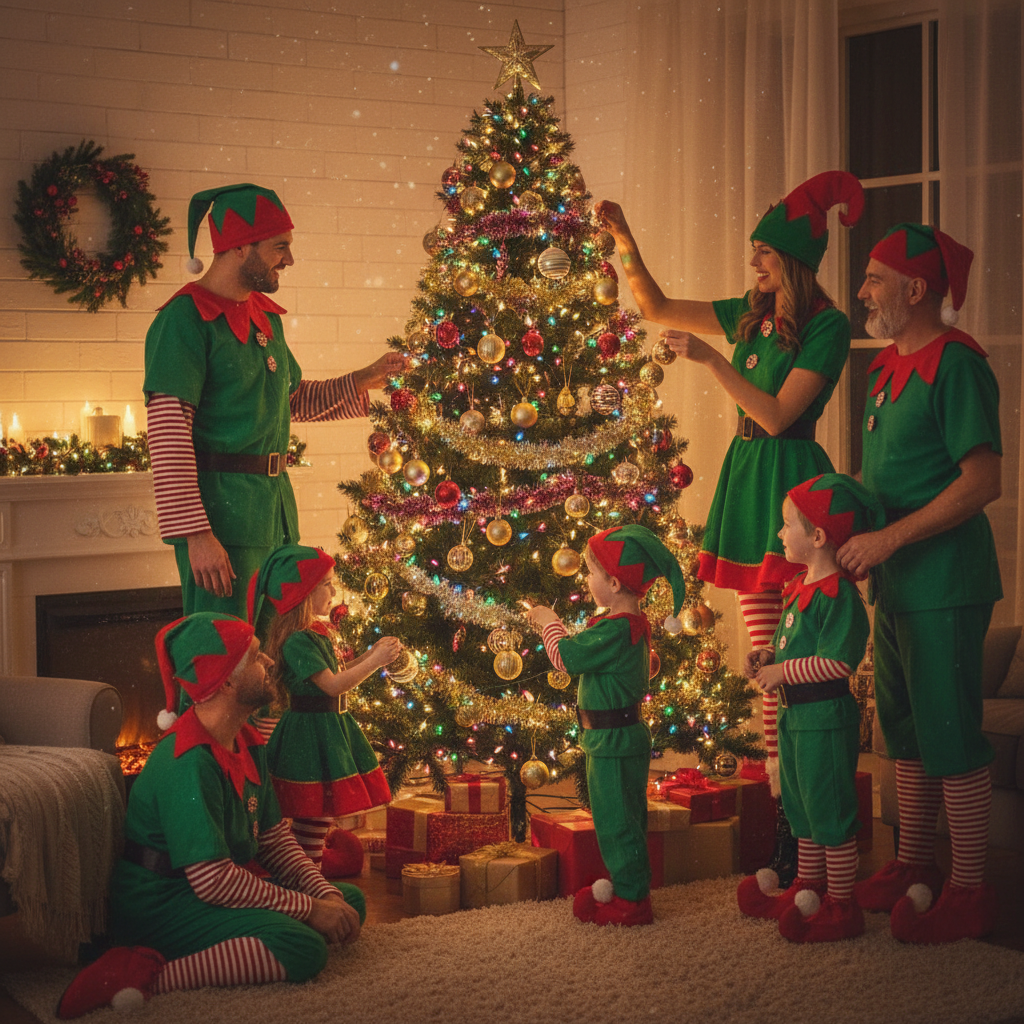 Adult and Boys Christmas Green Elf Cosplay Costume Xmas Party New Year Santa Claus Hat Belt Socks Shoe Cover Dress Clothes Set